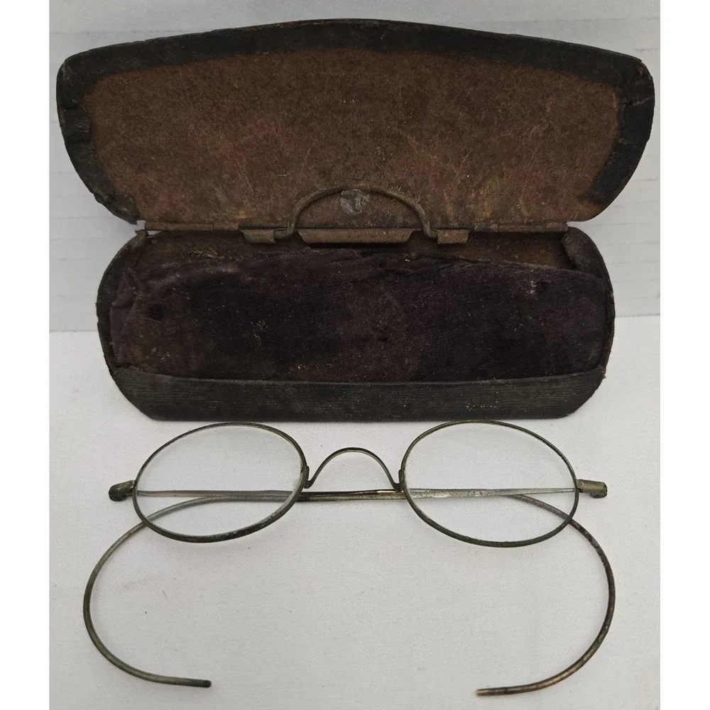Antique 1890s WILLSON Wire Rim Oval Spectacles Eveglasses w/ Velvet Lined Case